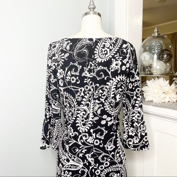 Talbots Paisley Print Shift Dress with Bell Sleeves Black & White 4 Small - Picture 8 of 12
